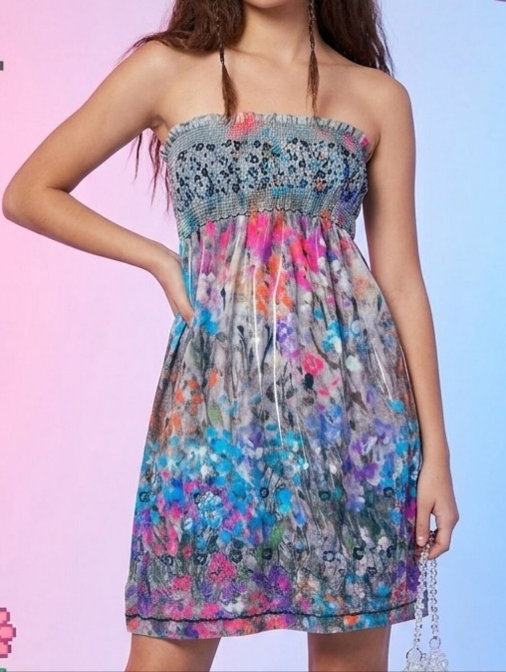 ​Lapis Floral Sequined Smocked Tube Dress / Maxi Skirt OS